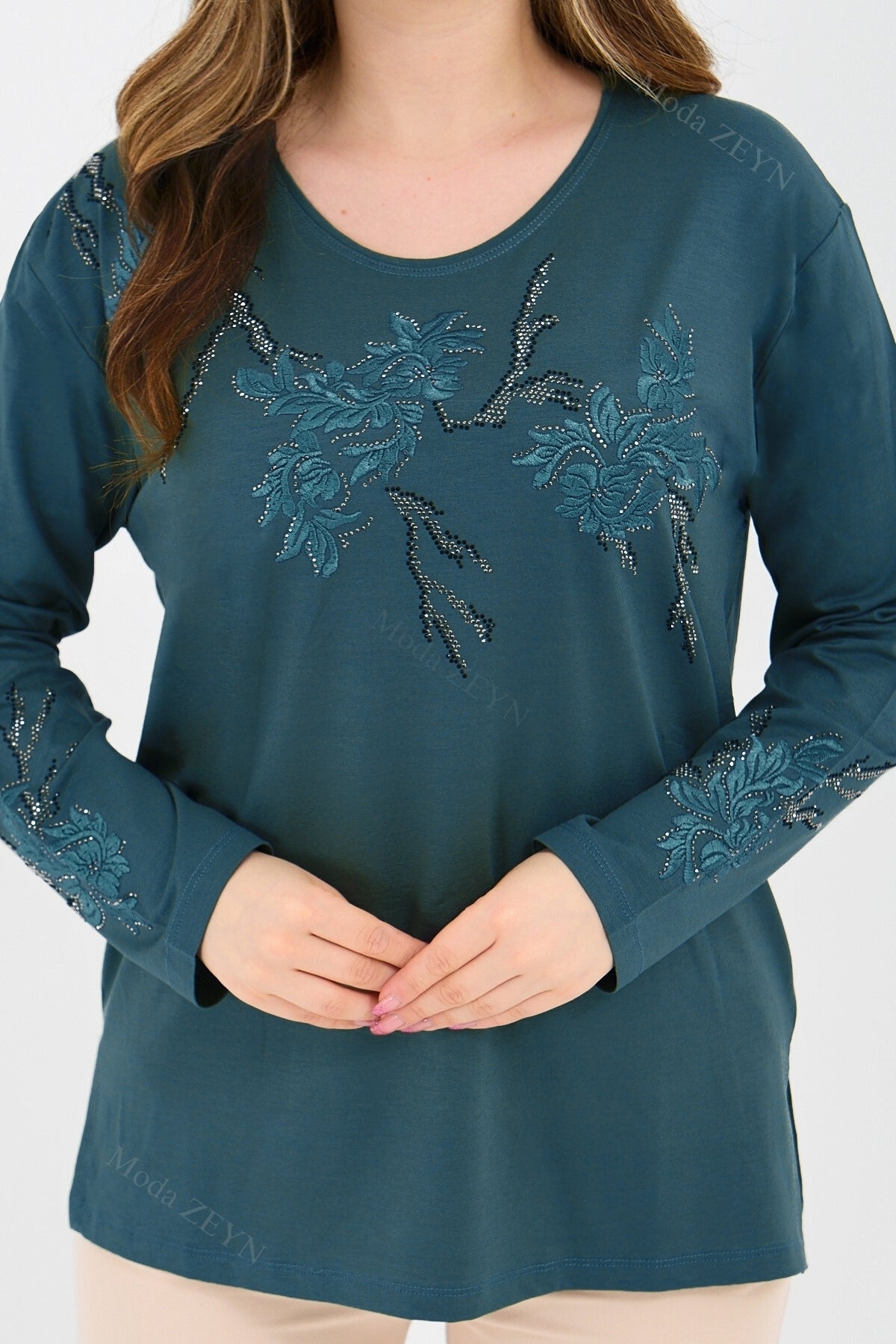 Kadın Orta Yaş Ve Üzeri Viskon Ağaç Desen Taşlı Işlemeli Likralı Anne Penye Bluz