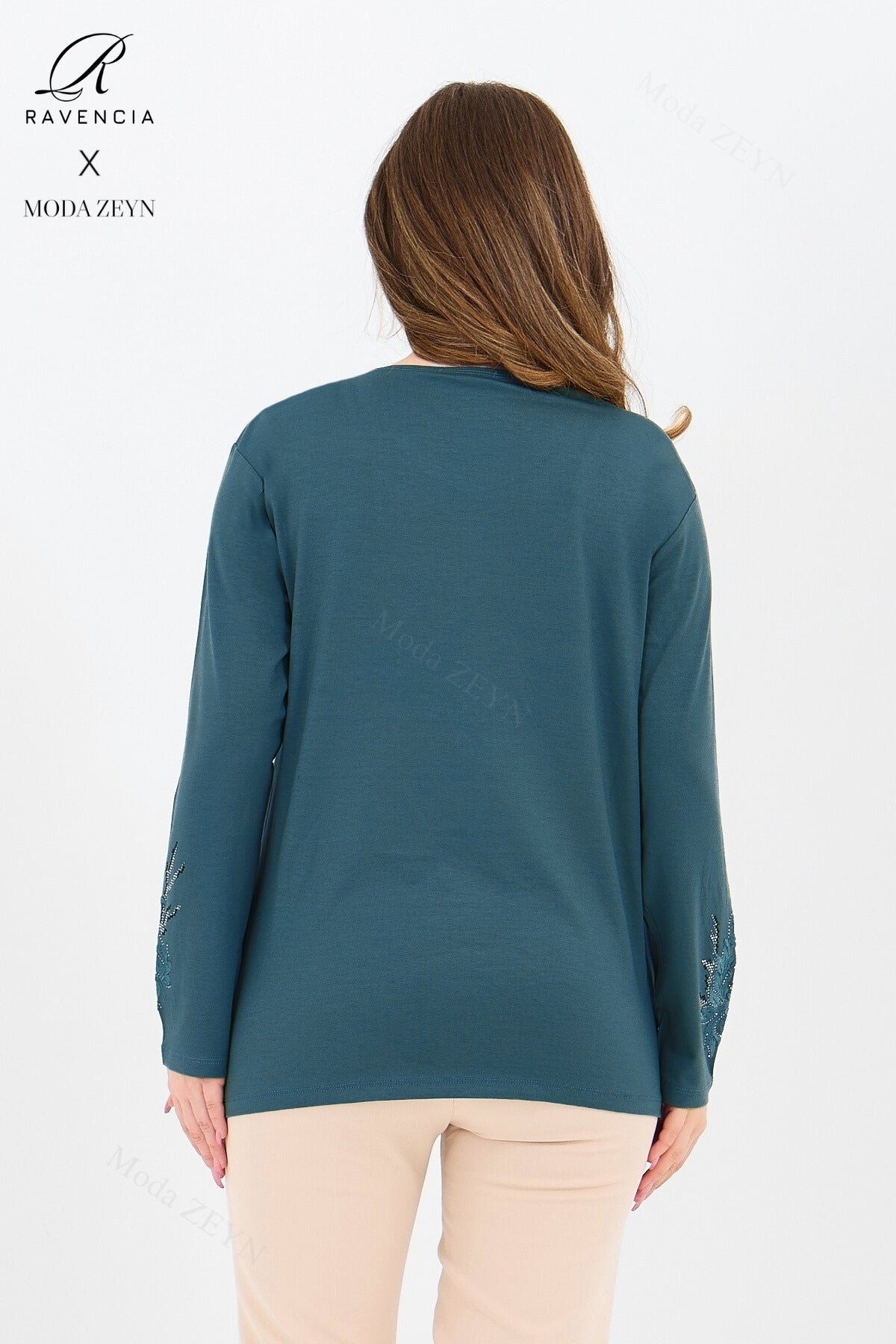 Kadın Viskon Ağaç Desen Taşlı Işlemeli Likralı Anne Penye Bluz