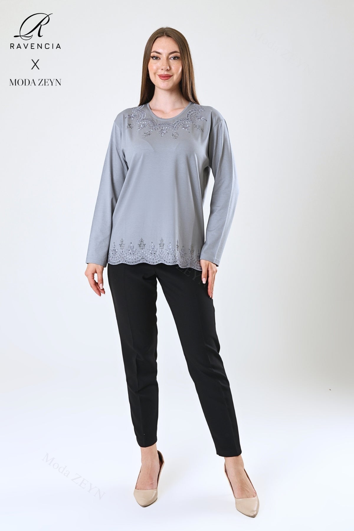 Kadın Orta Yaş Ve Üzeri Viskon Yaprak Desenli Eteği Yakası Taşlı Işlemeli Likralı Zümrüt Anne Penye