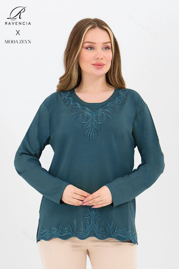 Kadın Orta Yaş Ve Üzeri Viskon Yaka Etek Taşlı Işlemeli Likralı Koyu Kahverengi Anne Penye Bluz