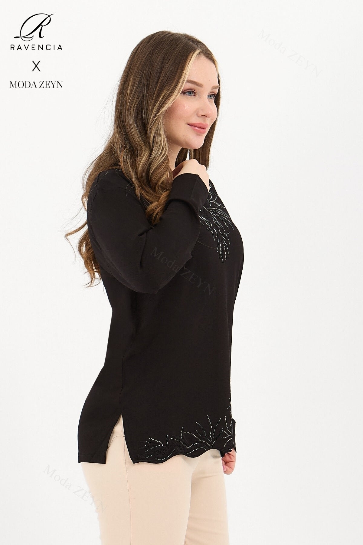 Kadın Orta Yaş Ve Üzeri Viskon Yaka Etek Taşlı Işlemeli Likralı Koyu Kahverengi Anne Penye Bluz