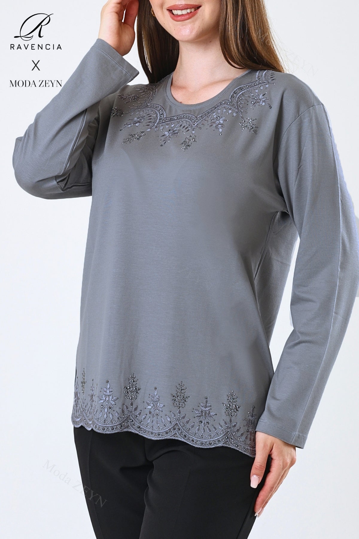 Kadın Yaprak Desenli Eteği Ve Yakası Taşlı Işlemeli Likralı Viskon Anne Penye Bluz