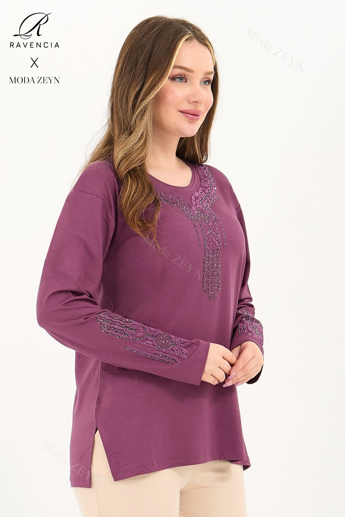 Kadın Orta Yaş Ve Üzeri Viskon Madolyon Desen Taşlı Işlemeli Likralı Anne Penye Bluz