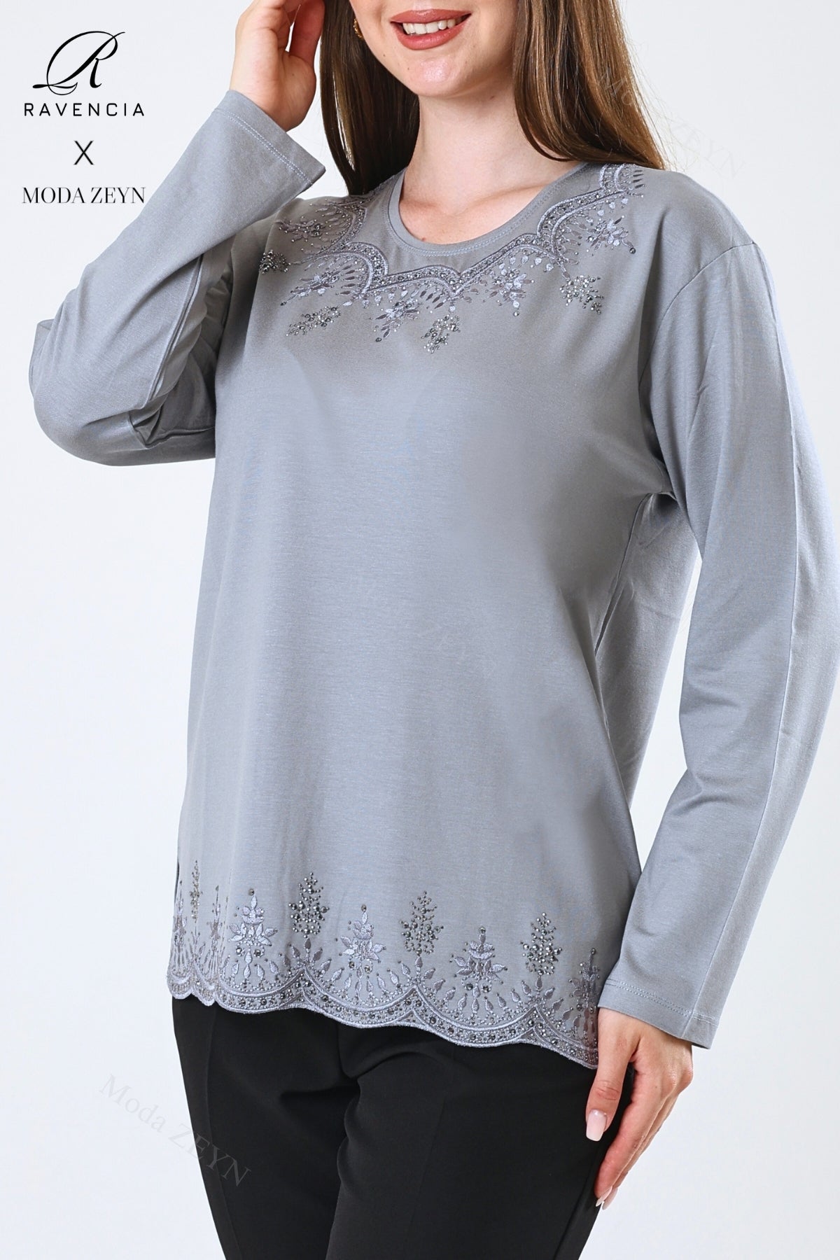 Kadın Orta Yaş Ve Üzeri Viskon Yaprak Desenli Eteği Yakası Taşlı Işlemeli Likralı Zümrüt Anne Penye