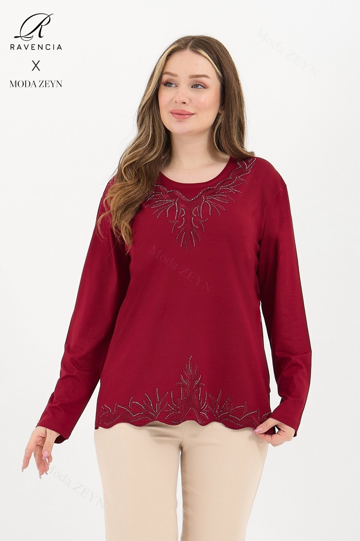 Kadın Orta Yaş Ve Üzeri Viskon Yaka Etek Taşlı Işlemeli Likralı Koyu Kahverengi Anne Penye Bluz