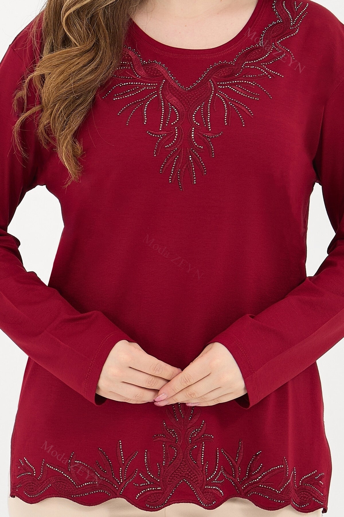 Kadın Orta Yaş Ve Üzeri Viskon Yaka Etek Taşlı Işlemeli Likralı Koyu Kahverengi Anne Penye Bluz