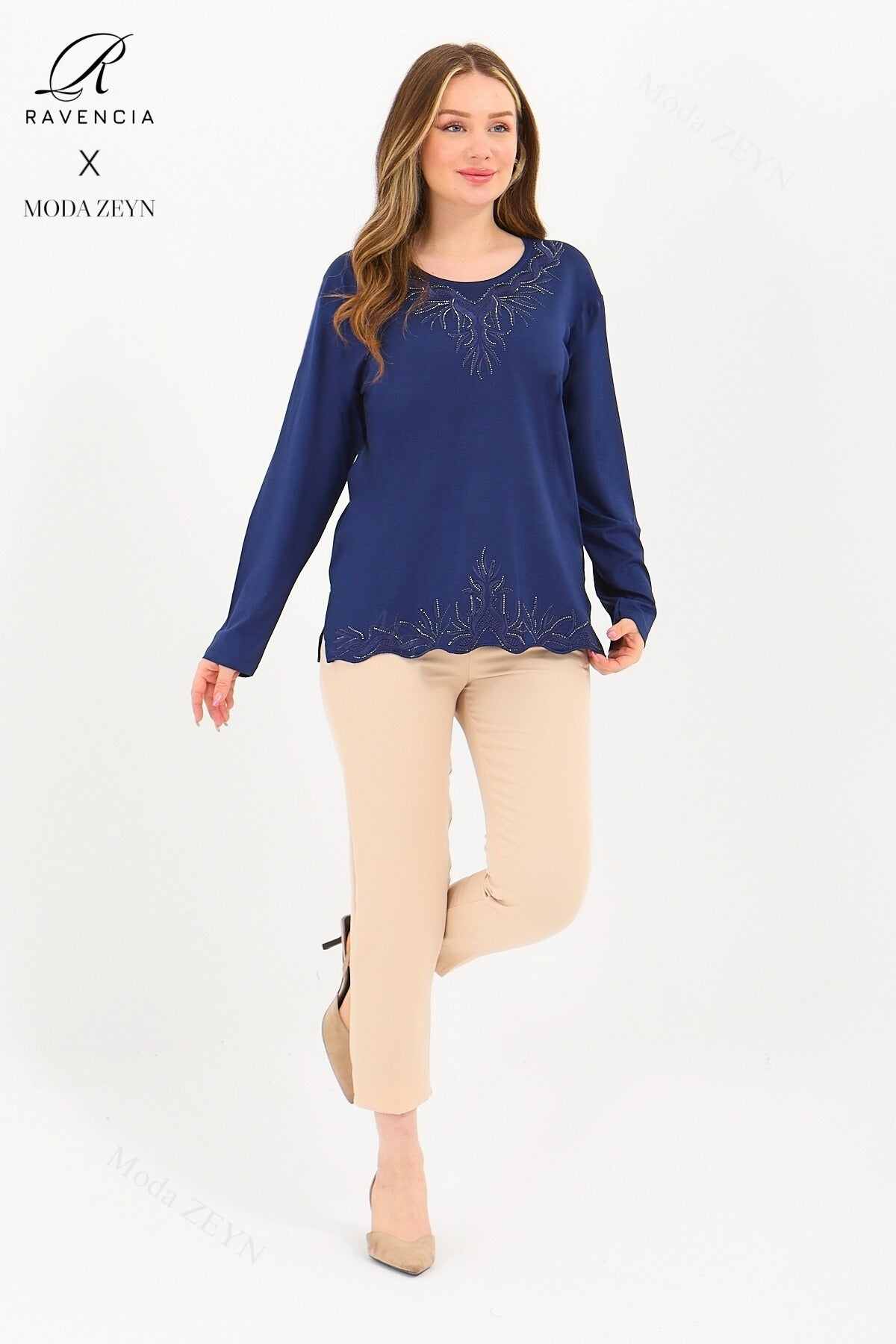 Kadın Orta Yaş Ve Üzeri Viskon Yaka Etek Taşlı Işlemeli Likralı Koyu Kahverengi Anne Penye Bluz