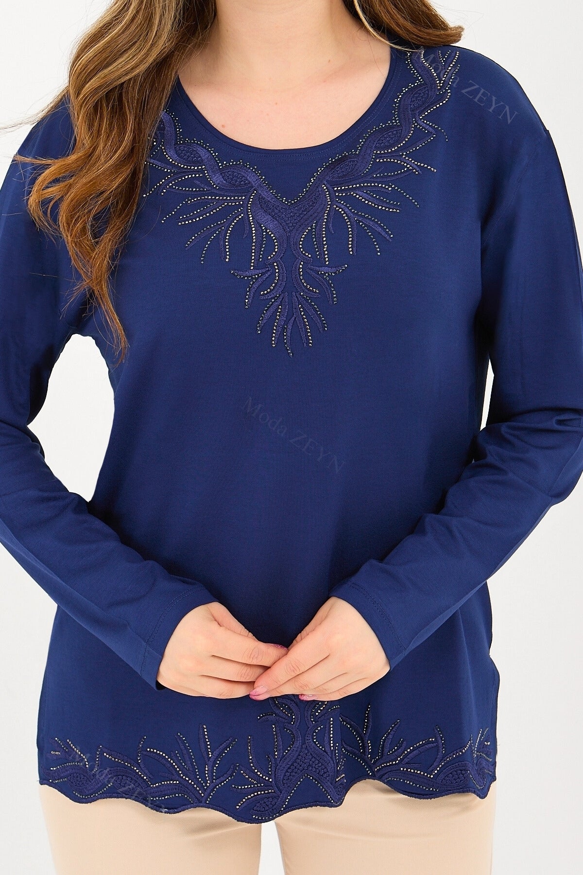 Kadın Orta Yaş Ve Üzeri Viskon Yaka Etek Taşlı Işlemeli Likralı Koyu Kahverengi Anne Penye Bluz