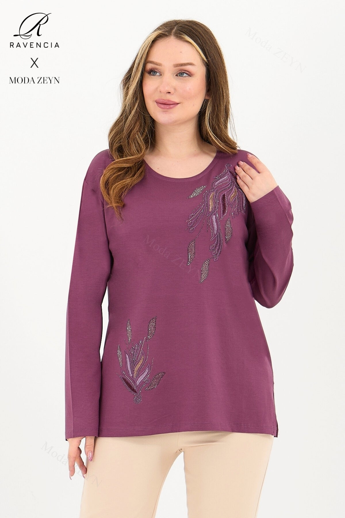 Kadın Viskon Renkli Yaprak Desen Taşlı İşlemeli Likralı Anne Penye Bluz