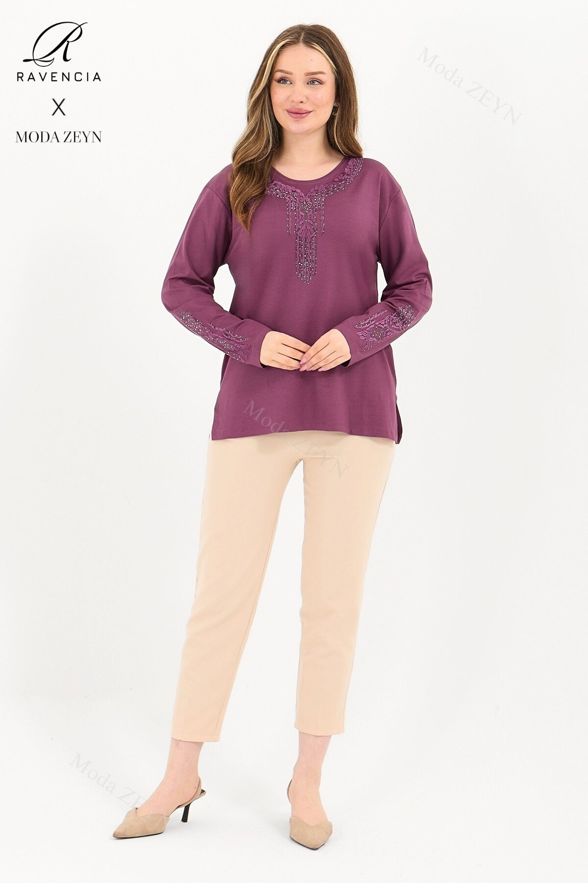 Kadın Orta Yaş Ve Üzeri Viskon Madolyon Desen Taşlı Işlemeli Likralı Anne Penye Bluz