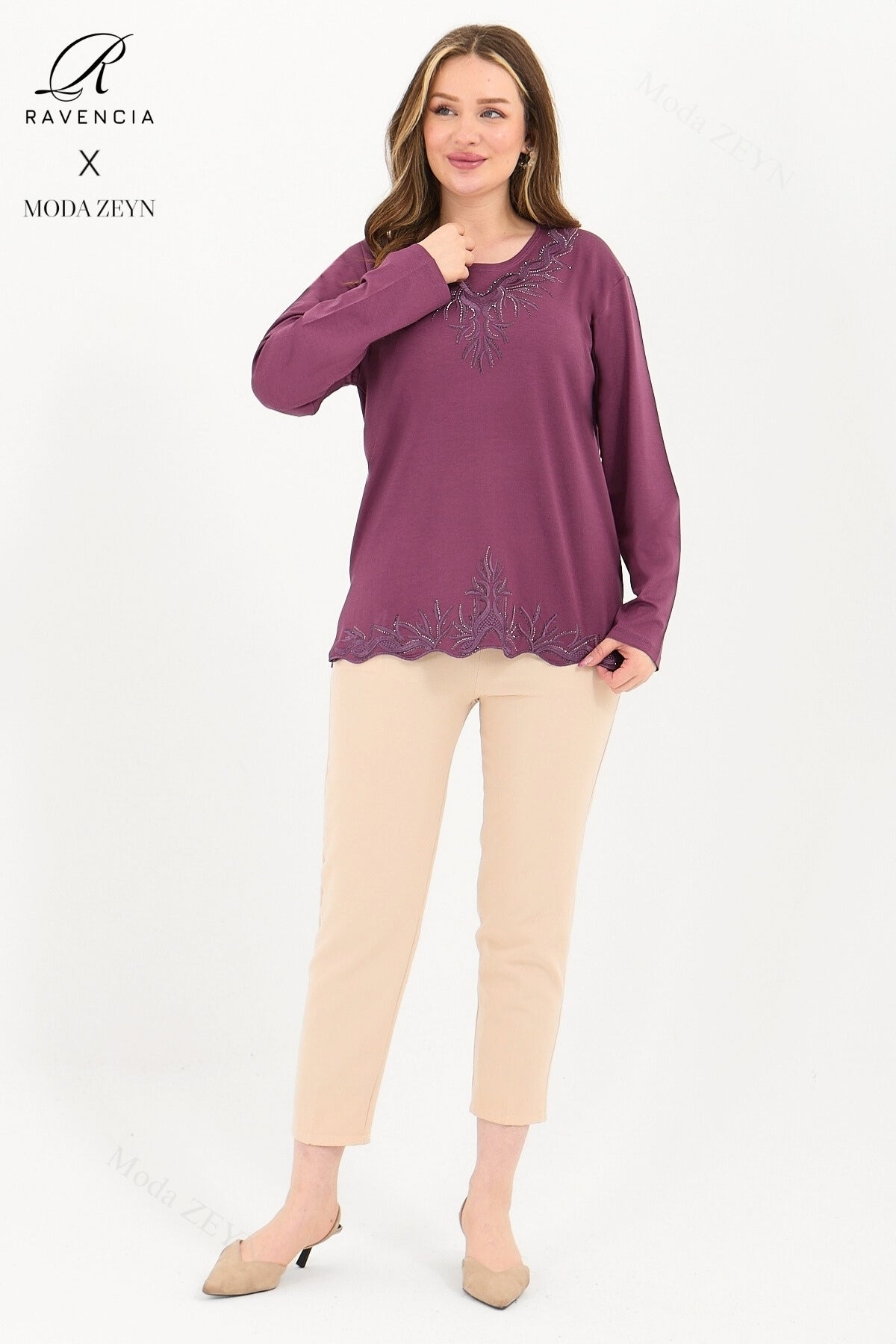 Kadın Orta Yaş Ve Üzeri Viskon Yaka Etek Taşlı Işlemeli Likralı Koyu Kahverengi Anne Penye Bluz