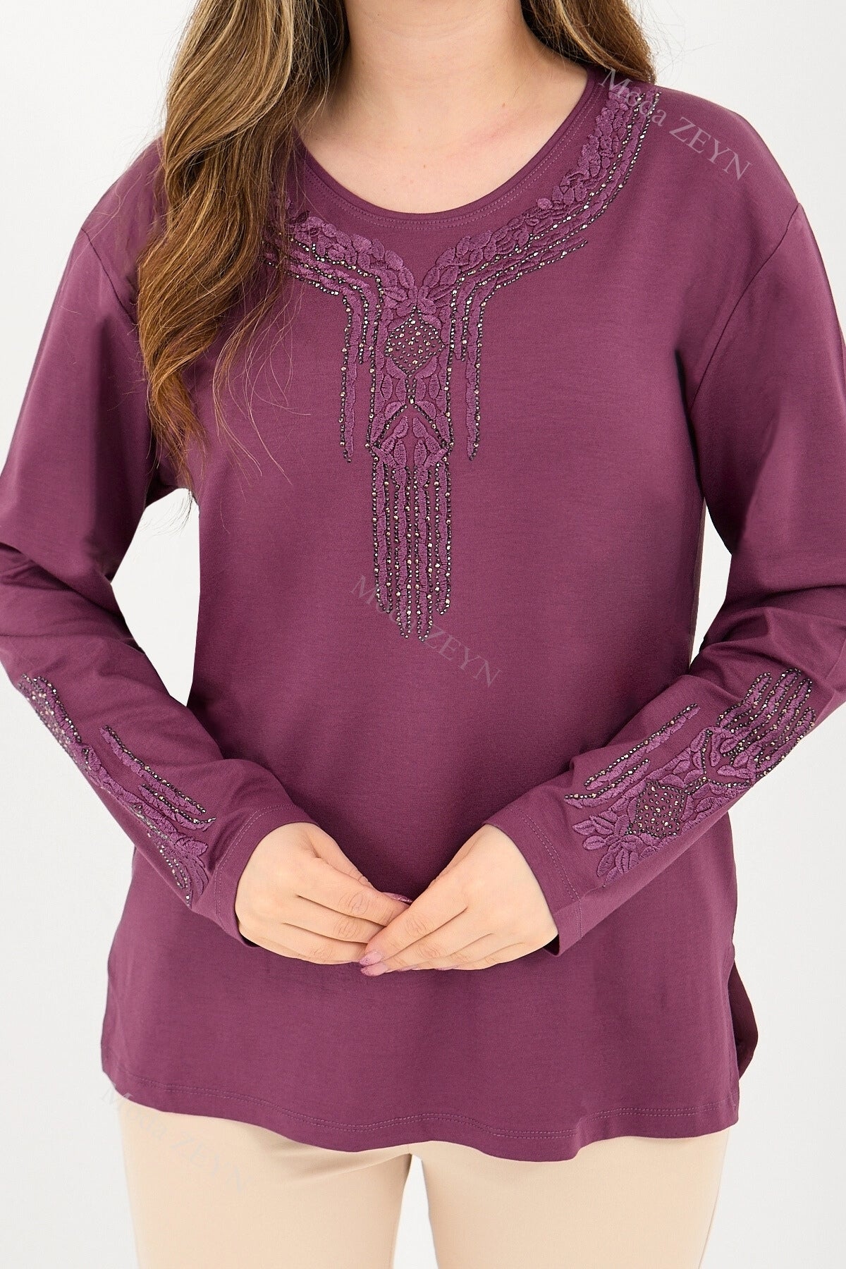 Kadın Orta Yaş Ve Üzeri Viskon Madolyon Desen Taşlı Işlemeli Likralı Anne Penye Bluz