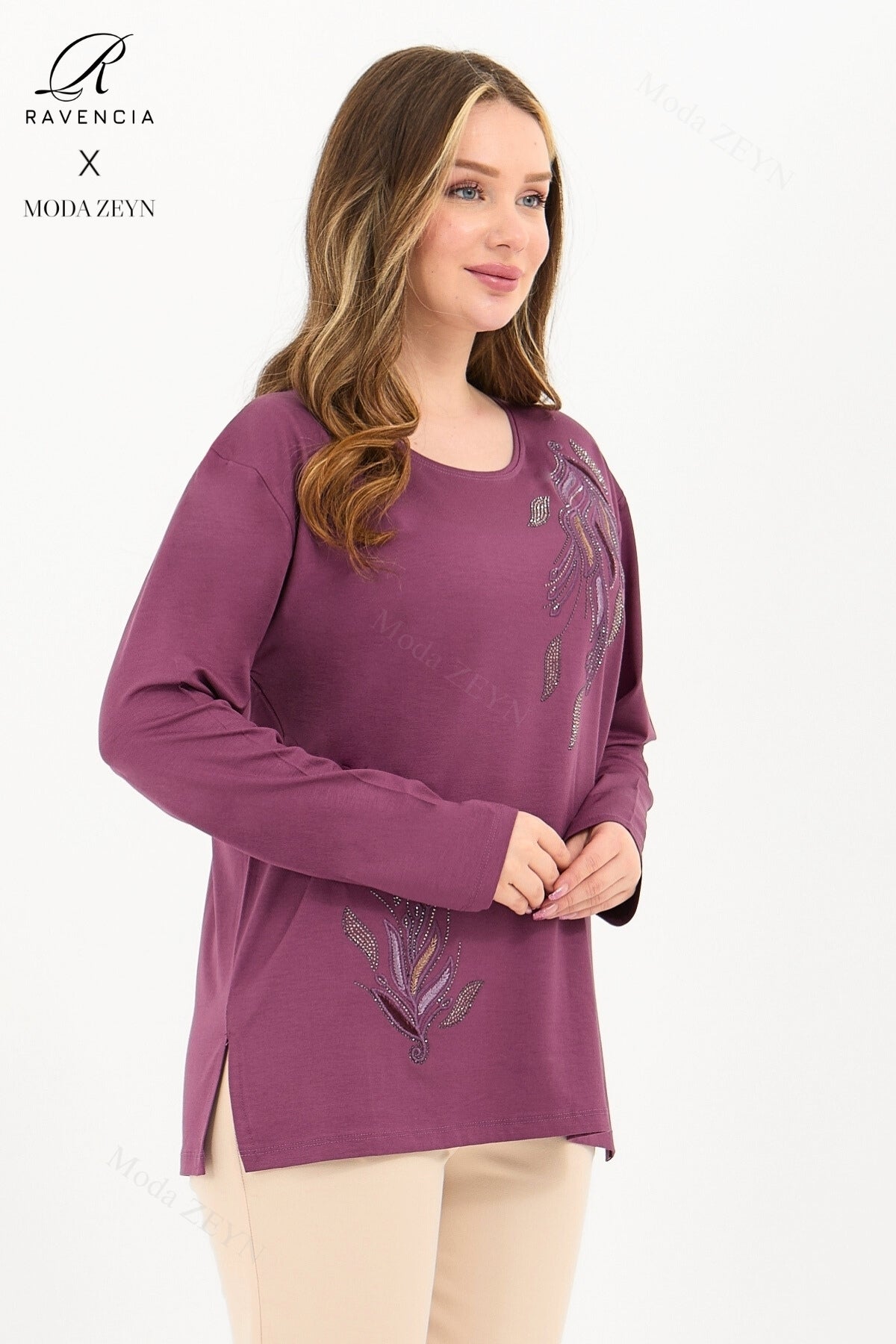 Kadın Viskon Renkli Yaprak Desen Taşlı İşlemeli Likralı Anne Penye Bluz