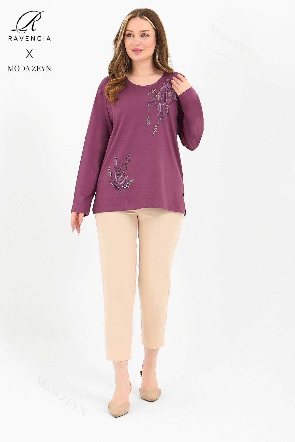 Kadın Viskon Renkli Yaprak Desen Taşlı İşlemeli Likralı Anne Penye Bluz