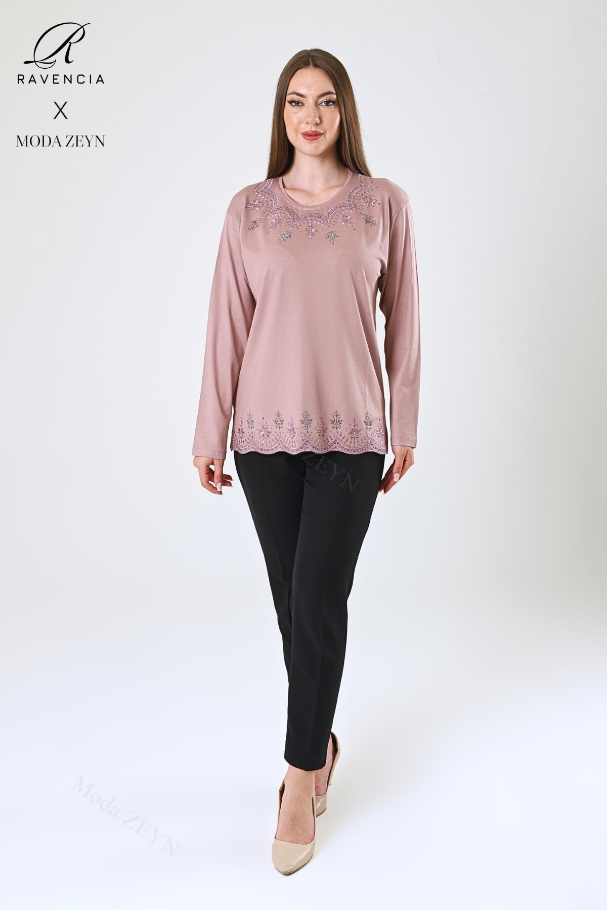 Kadın Orta Yaş Ve Üzeri Viskon Yaprak Desenli Eteği Yakası Taşlı Işlemeli Likralı Zümrüt Anne Penye