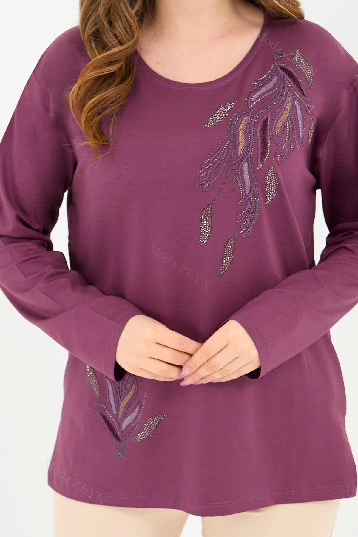 Kadın Orta Yaş Ve Üzeri Viskon Renkli Yaprak Desen Taşlı İşlemeli Likralı Anne Penye Bluz