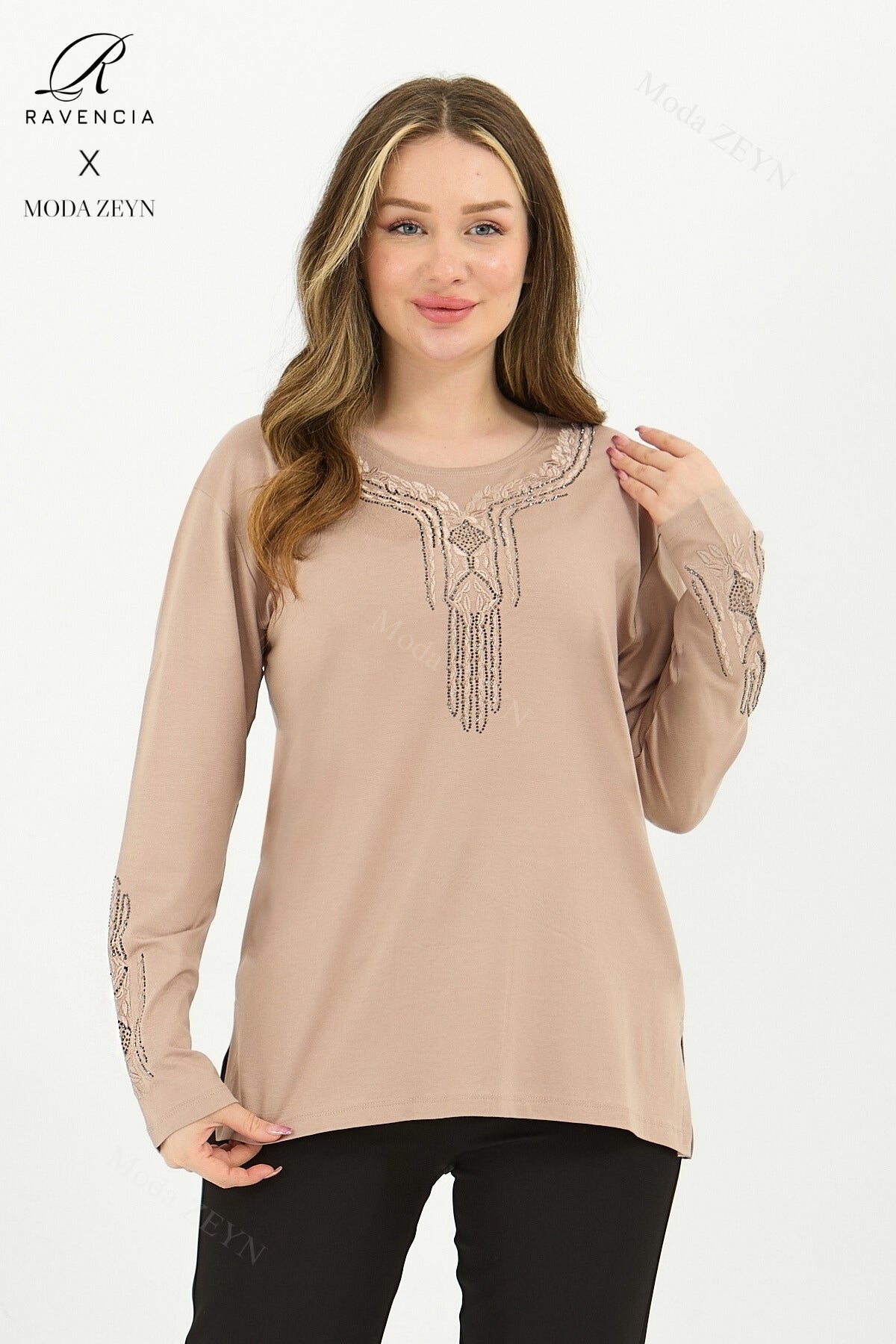 Kadın Orta Yaş Ve Üzeri Viskon Madolyon Desen Taşlı Işlemeli Likralı Anne Penye Bluz