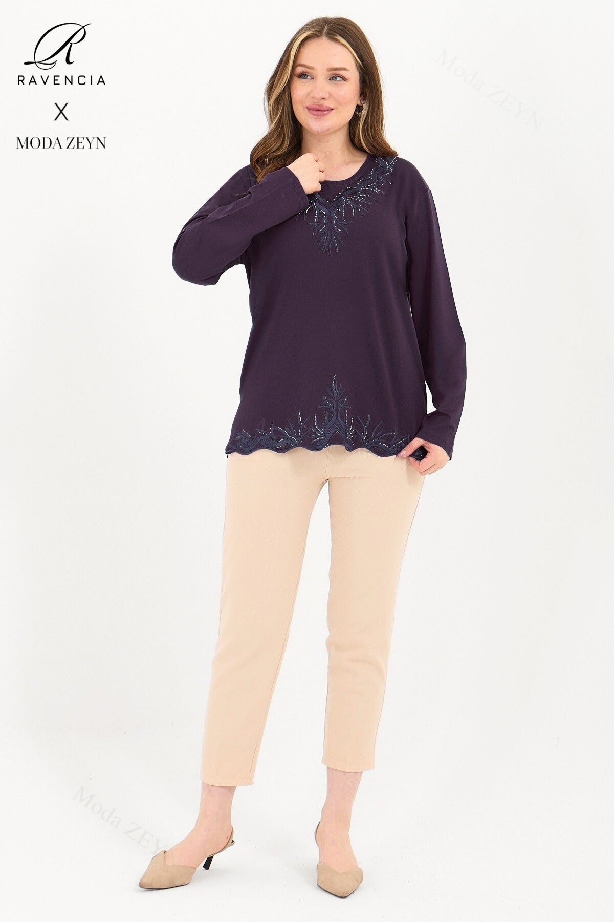 Kadın Orta Yaş Ve Üzeri Viskon Yaka Etek Taşlı Işlemeli Likralı Koyu Kahverengi Anne Penye Bluz