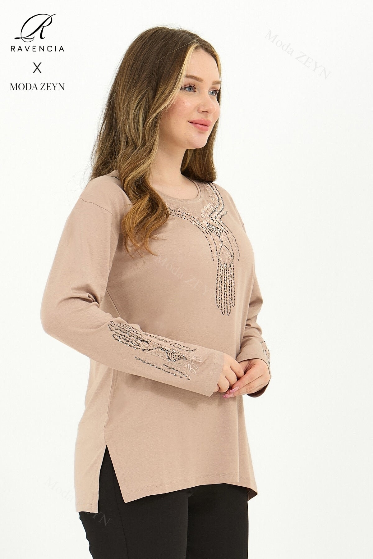 Kadın Orta Yaş Ve Üzeri Viskon Madolyon Desen Taşlı Işlemeli Likralı Anne Penye Bluz