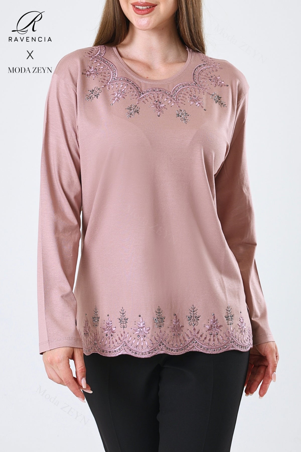 Kadın Yaprak Desenli Eteği Ve Yakası Taşlı Işlemeli Likralı Viskon Anne Penye Bluz