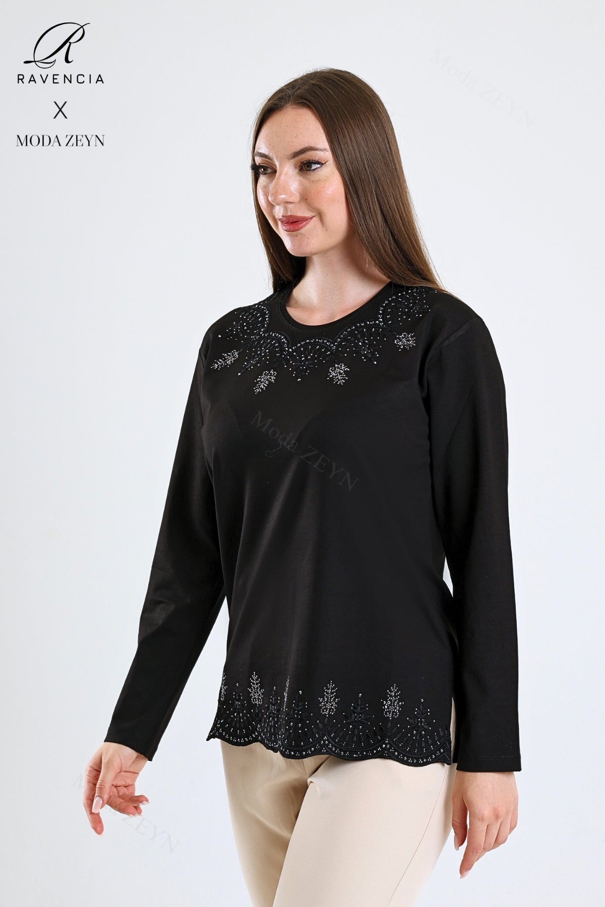 Kadın Yaprak Desenli Eteği Ve Yakası Taşlı Işlemeli Likralı Viskon Anne Penye Bluz