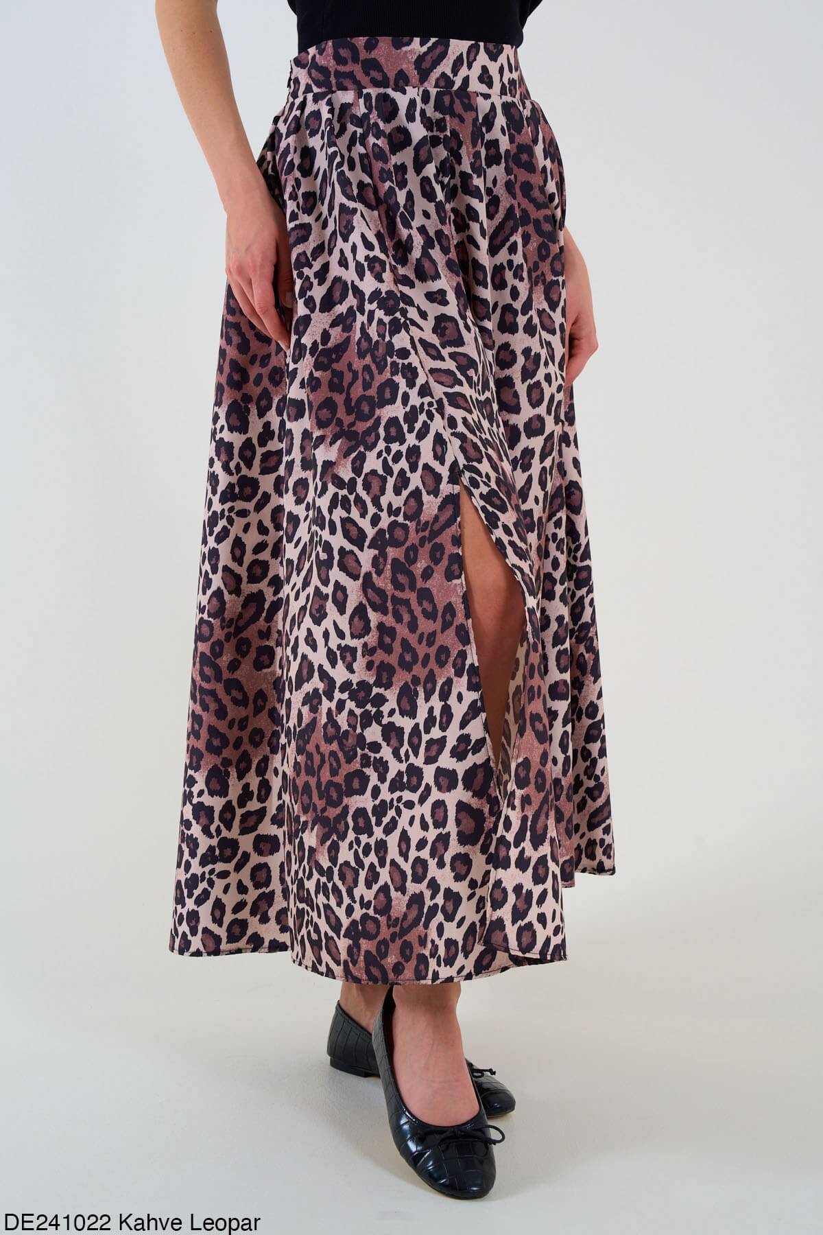 Kadın Leopar Desenli Yırtmaçlı Etek