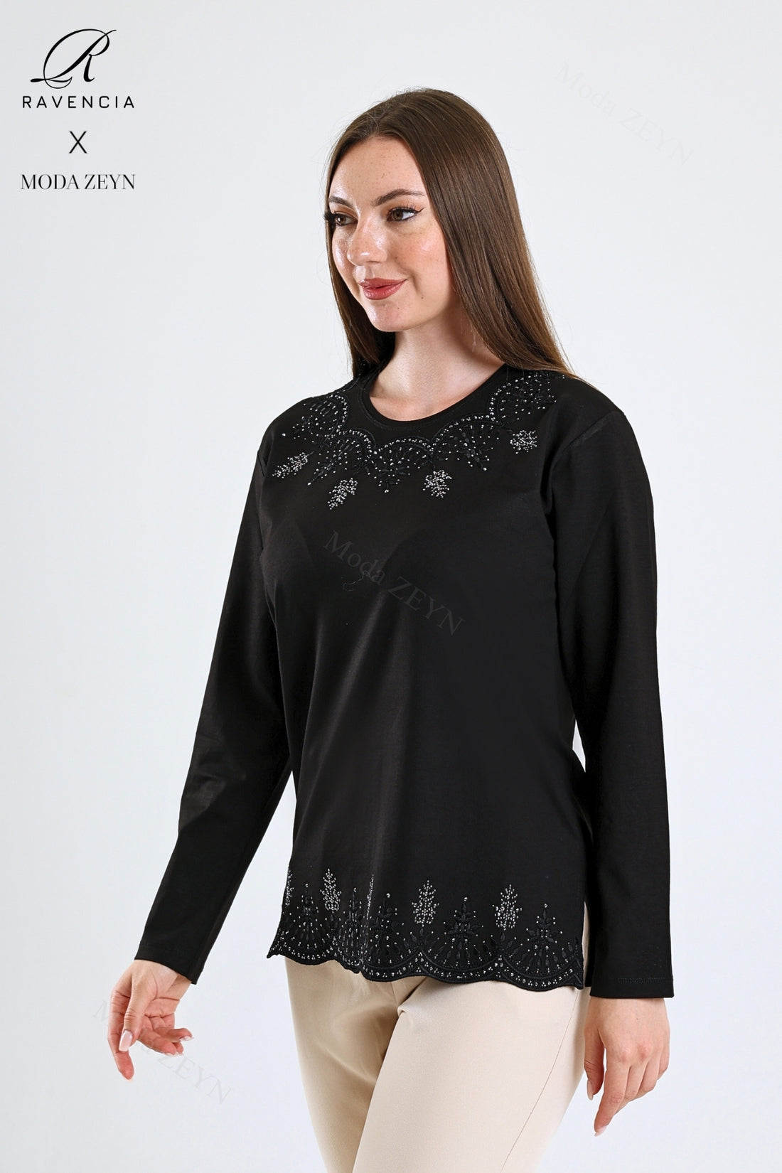 Kadın Orta Yaş Ve Üzeri Viskon Yaprak Desenli Eteği Yakası Taşlı Işlemeli Likralı Zümrüt Anne Penye