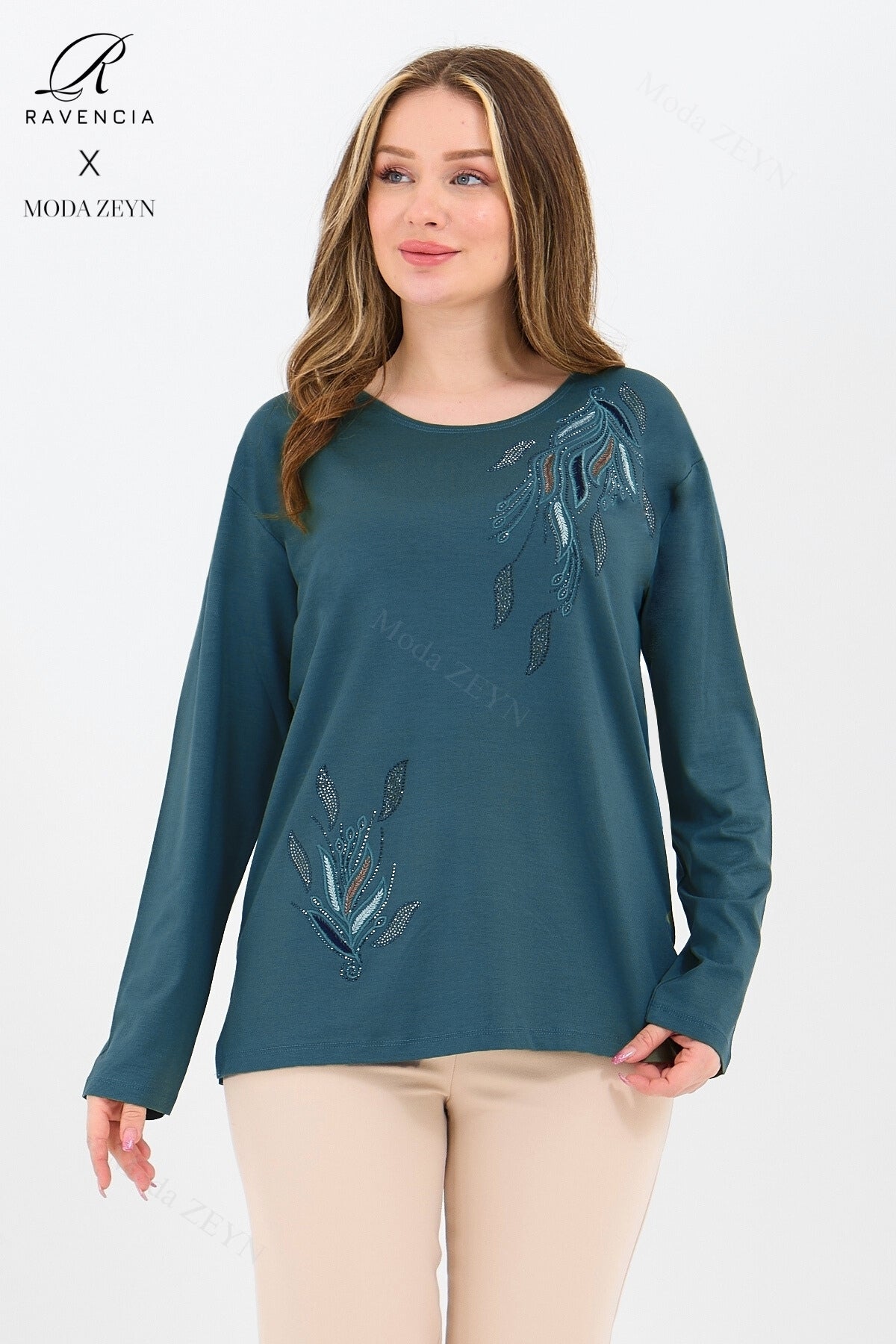 Kadın Orta Yaş Ve Üzeri Viskon Renkli Yaprak Desen Taşlı İşlemeli Likralı Anne Penye Bluz