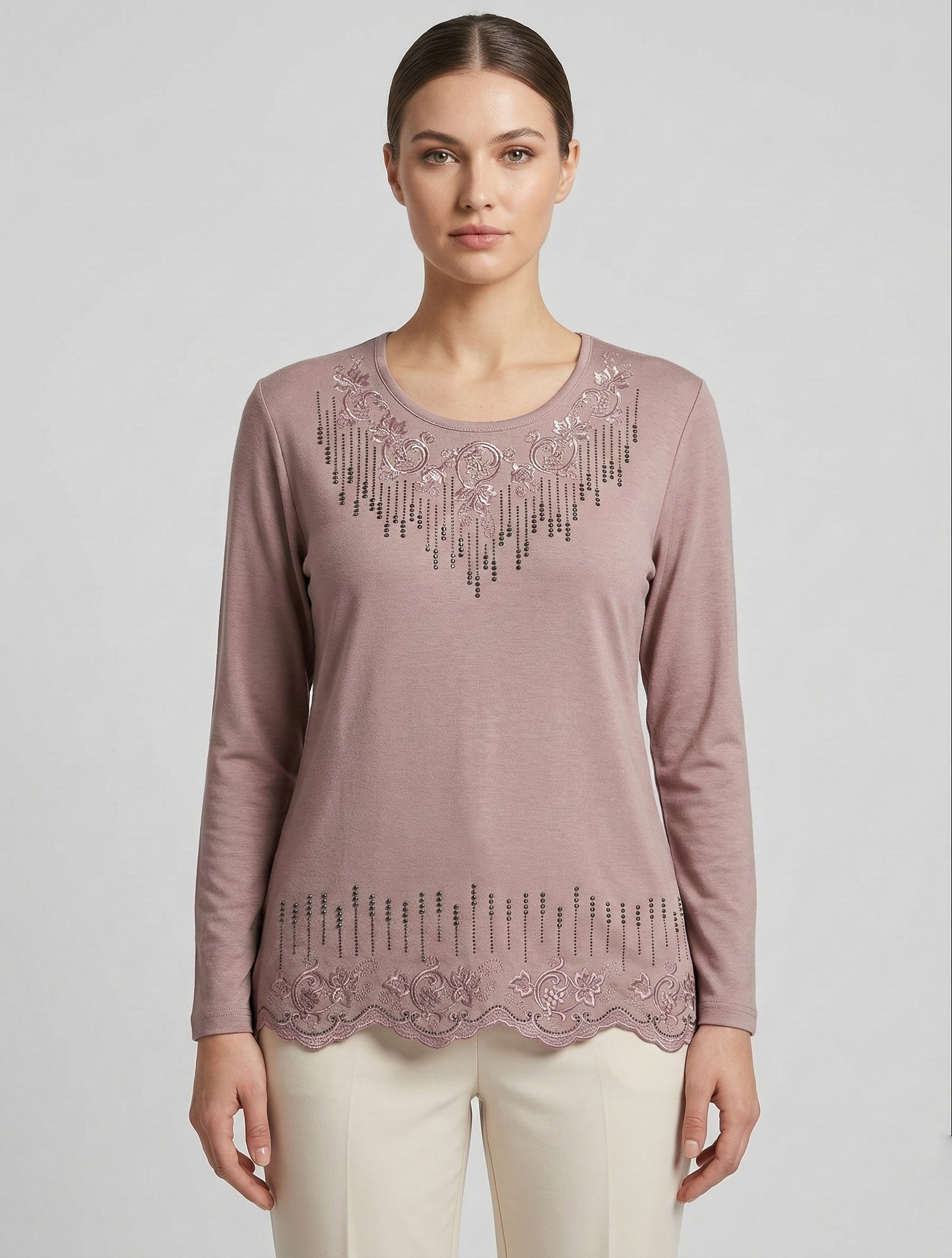 Kadın Damla Desen Taşlı İşlemeli Likralı Yırtmaçlı Viskon Anne Penye Bluz