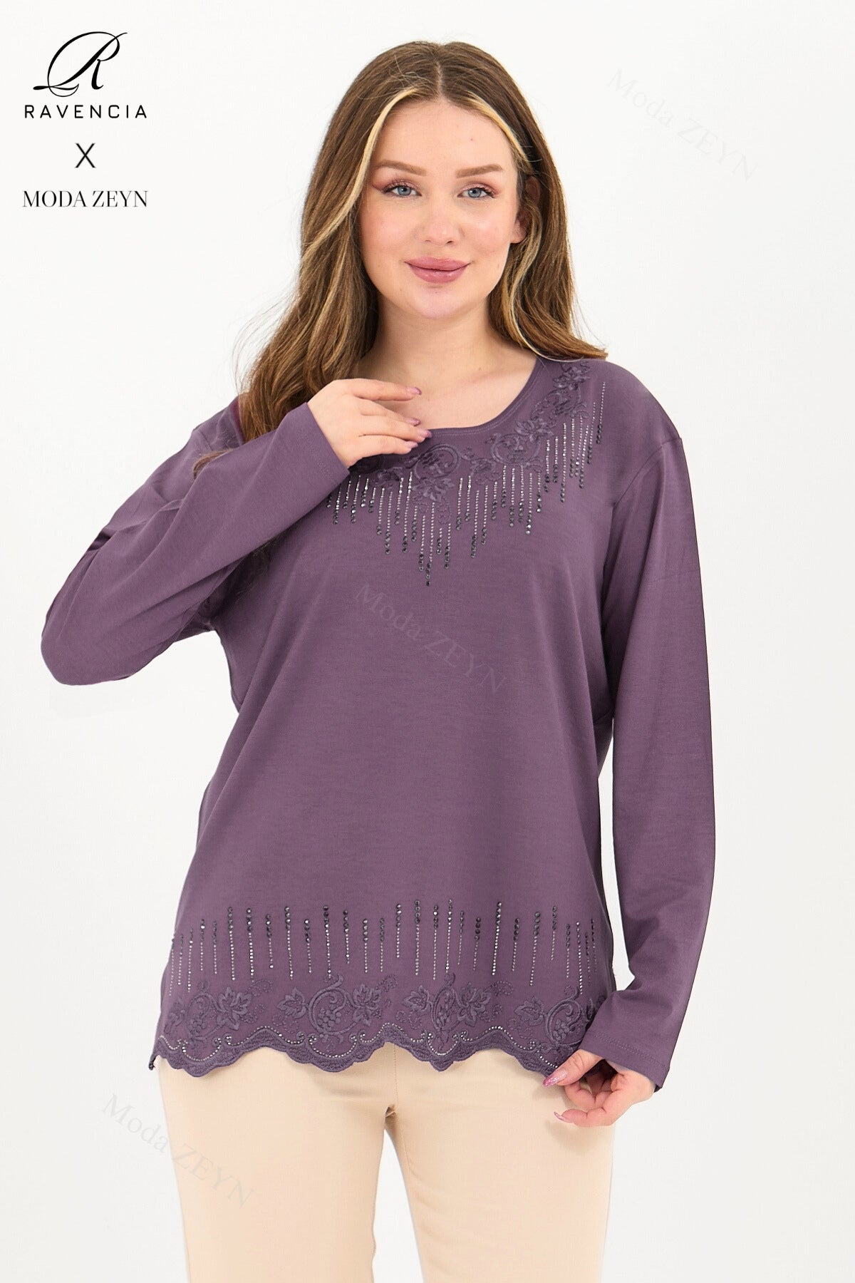 Kadın Damla Desen Taşlı İşlemeli Likralı Yırtmaçlı Viskon Anne Penye Bluz