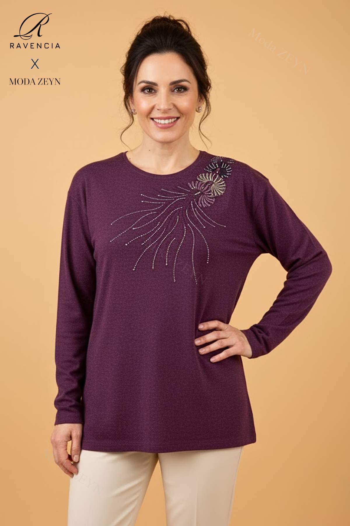 Kadın Damla Desenli Taşlı Likralı Yırtmaçlı Yün Anne Penye Bluz