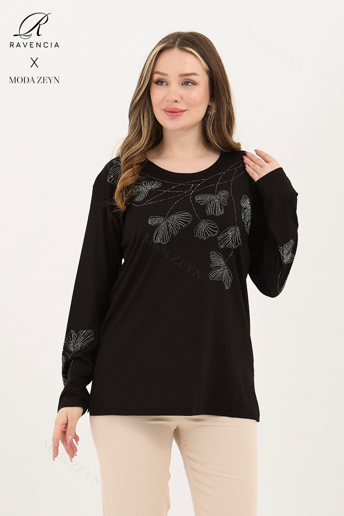 Kadın Orta Yaş Ve Üzeri Viskon Gonca Yaprak Desenli Taşlı Işlemeli Likralı Kiremit Anne Penye Bluz