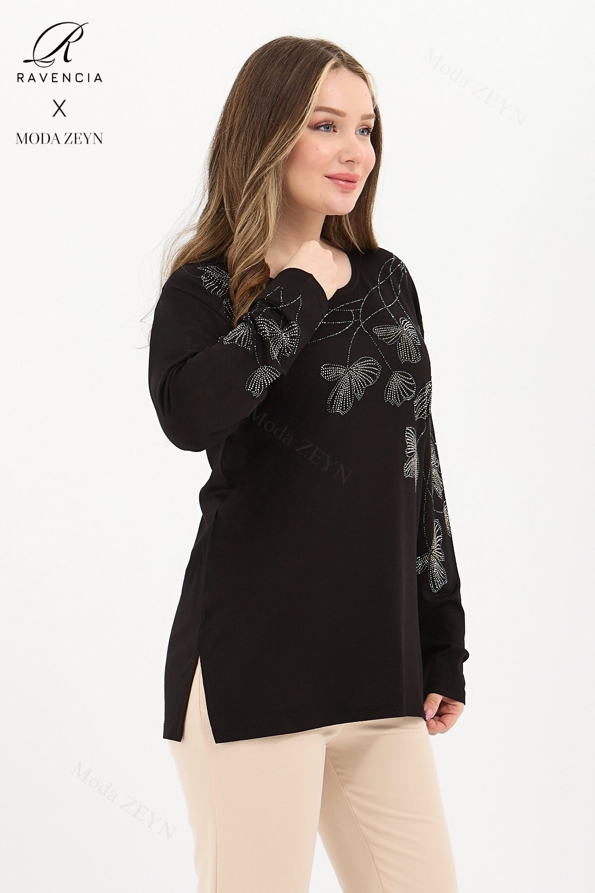 Kadın Orta Yaş Ve Üzeri Viskon Gonca Yaprak Desenli Taşlı Işlemeli Likralı Kiremit Anne Penye Bluz