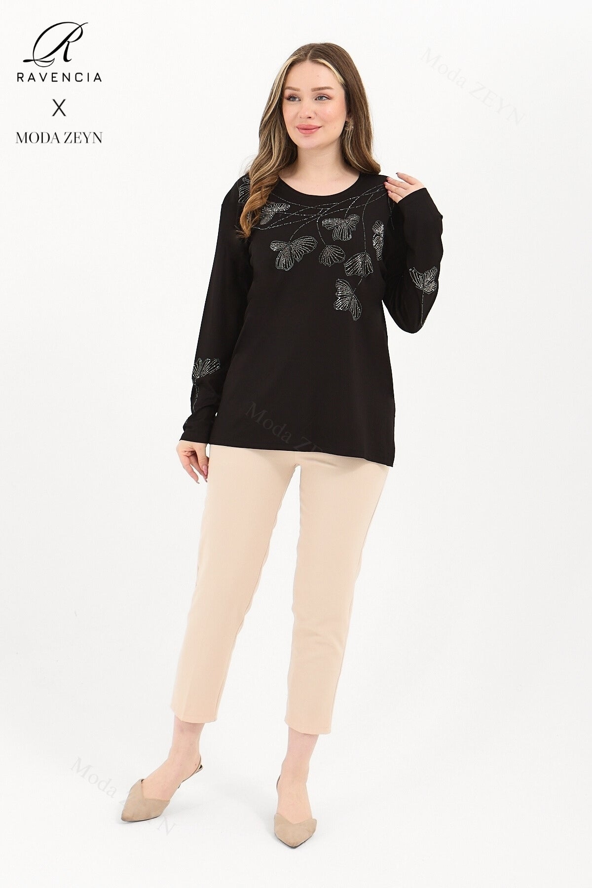 Kadın Orta Yaş Ve Üzeri Viskon Gonca Yaprak Desenli Taşlı Işlemeli Likralı Kiremit Anne Penye Bluz