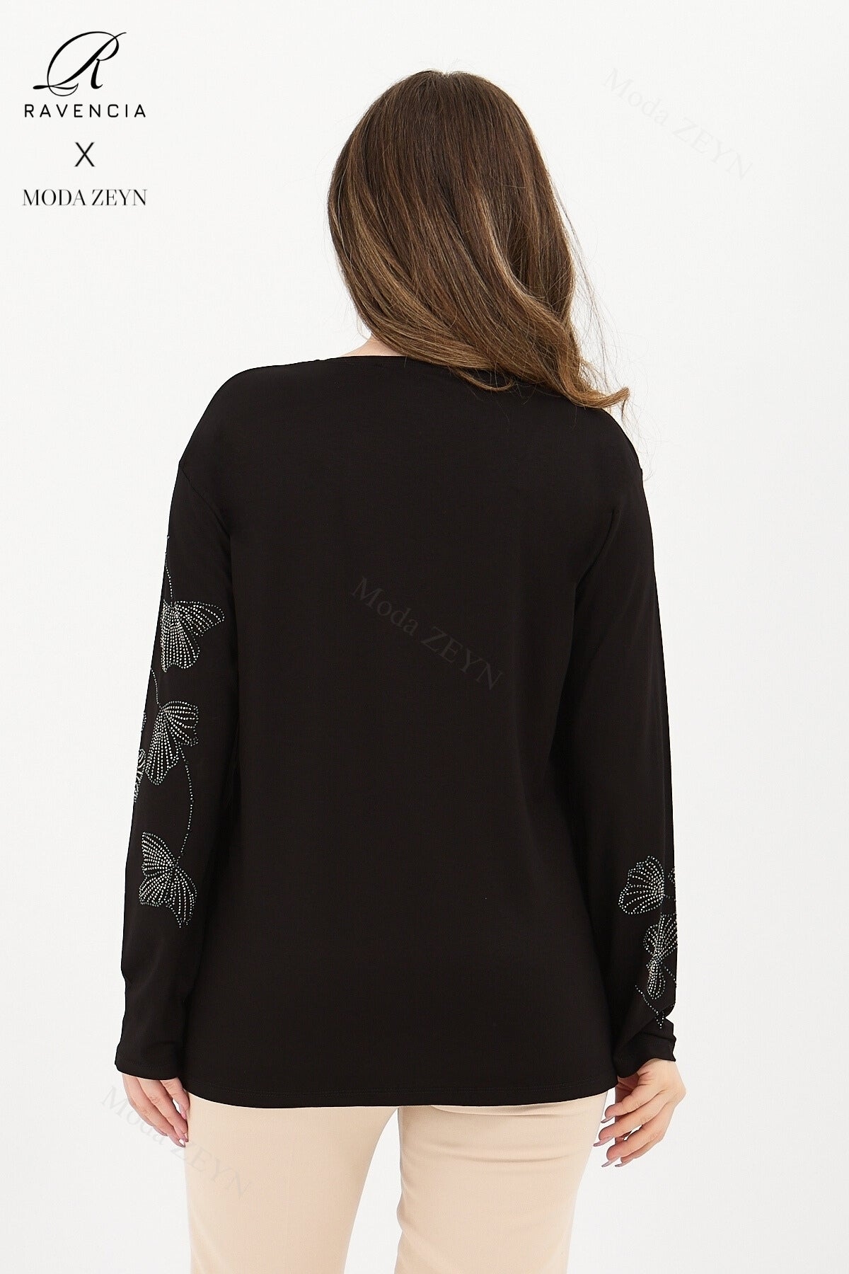 Kadın Orta Yaş Ve Üzeri Viskon Gonca Yaprak Desenli Taşlı Işlemeli Likralı Kiremit Anne Penye Bluz