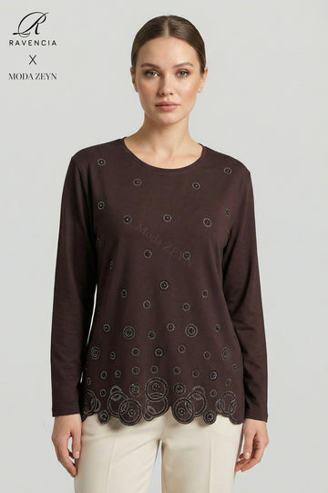 Kadın Halka Desenli Yaka Ve Etek Taşlı İşlemeli Yırtmaçlı Likralı Anne Penye Bluz