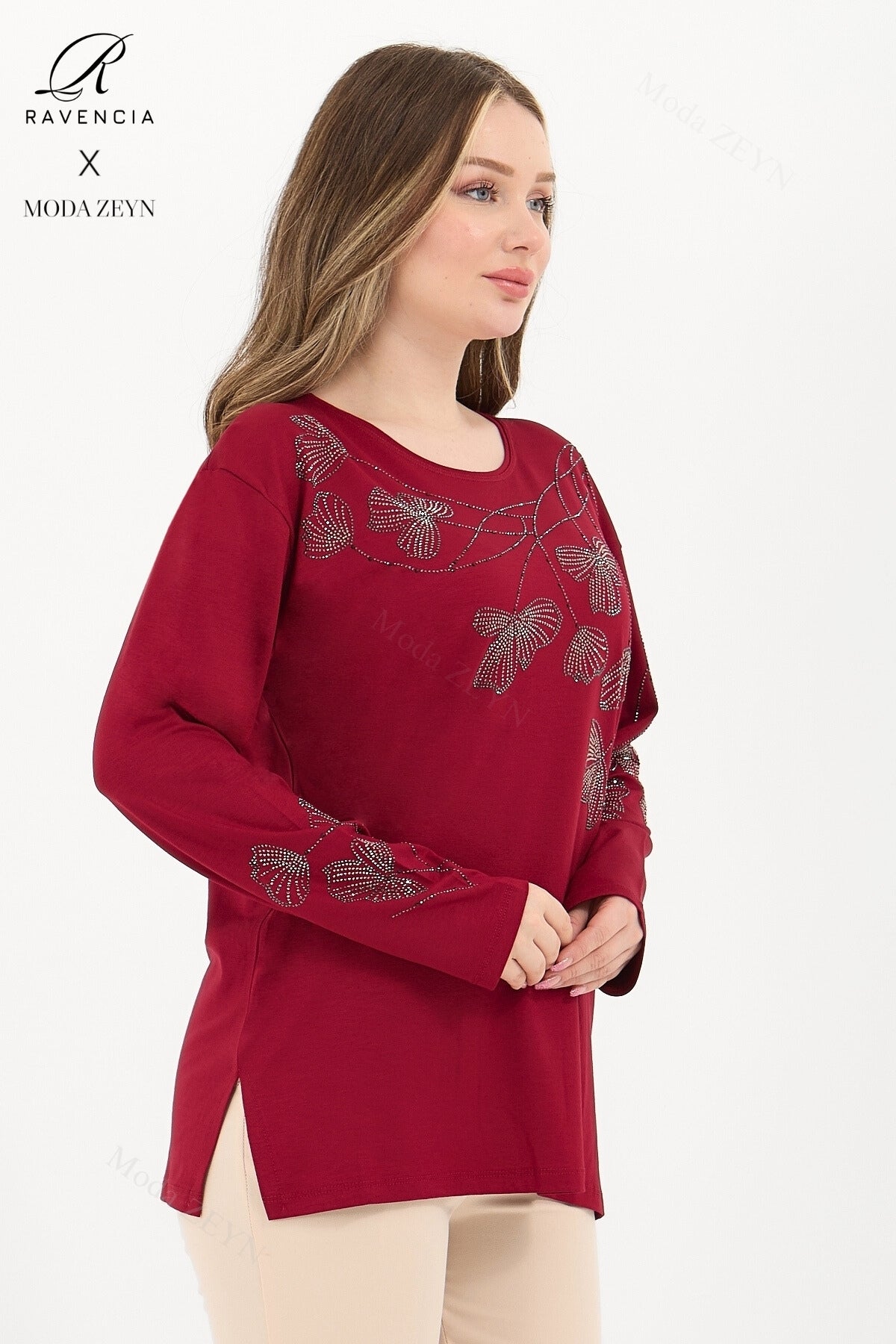 Kadın Orta Yaş Ve Üzeri Viskon Gonca Yaprak Desenli Taşlı Işlemeli Likralı Kiremit Anne Penye Bluz