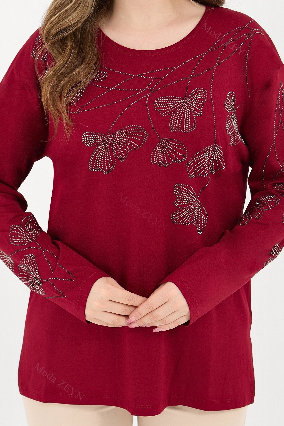 Kadın Orta Yaş Ve Üzeri Viskon Gonca Yaprak Desenli Taşlı Işlemeli Likralı Kiremit Anne Penye Bluz