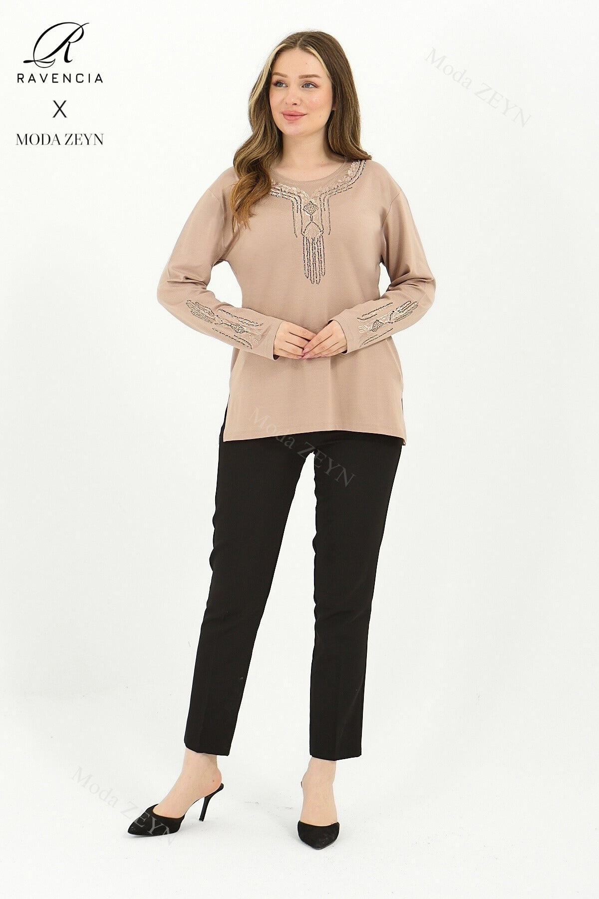 Kadın Orta Yaş Ve Üzeri Viskon Madolyon Desen Taşlı Işlemeli Likralı Anne Penye Bluz