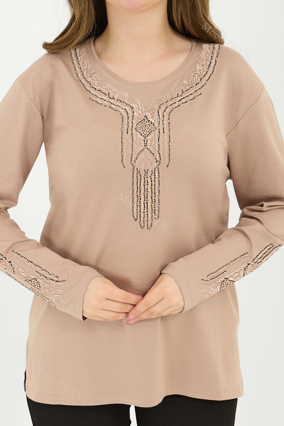 Kadın Orta Yaş Ve Üzeri Viskon Madolyon Desen Taşlı Işlemeli Likralı Anne Penye Bluz