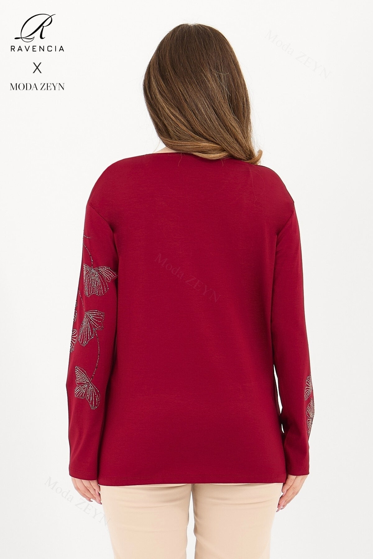 Kadın Orta Yaş Ve Üzeri Viskon Gonca Yaprak Desenli Taşlı Işlemeli Likralı Kiremit Anne Penye Bluz