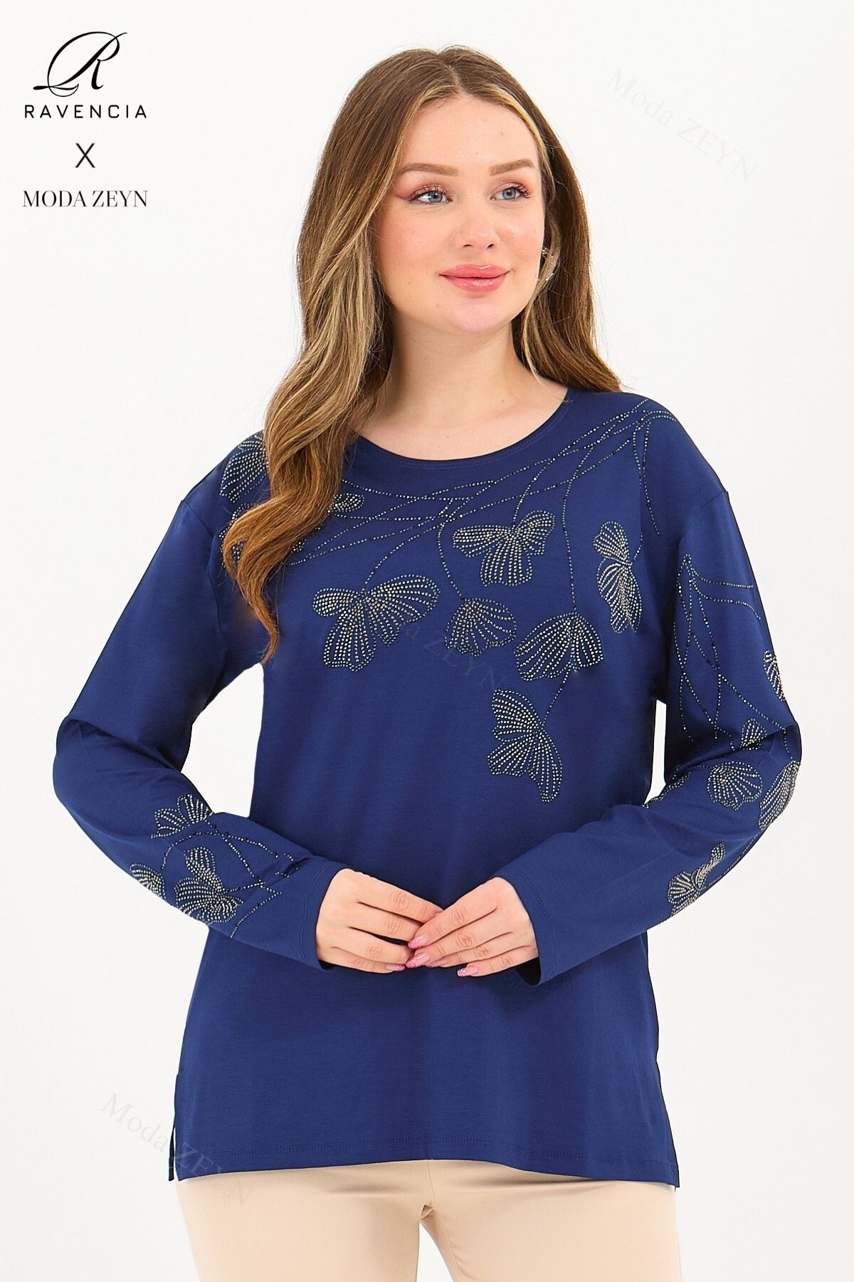 Kadın Orta Yaş Ve Üzeri Viskon Gonca Yaprak Desenli Taşlı Işlemeli Likralı Kiremit Anne Penye Bluz