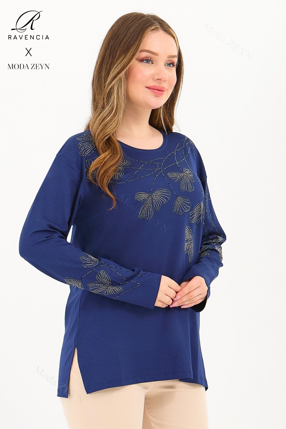 Kadın Orta Yaş Ve Üzeri Viskon Gonca Yaprak Desenli Taşlı Işlemeli Likralı Kiremit Anne Penye Bluz