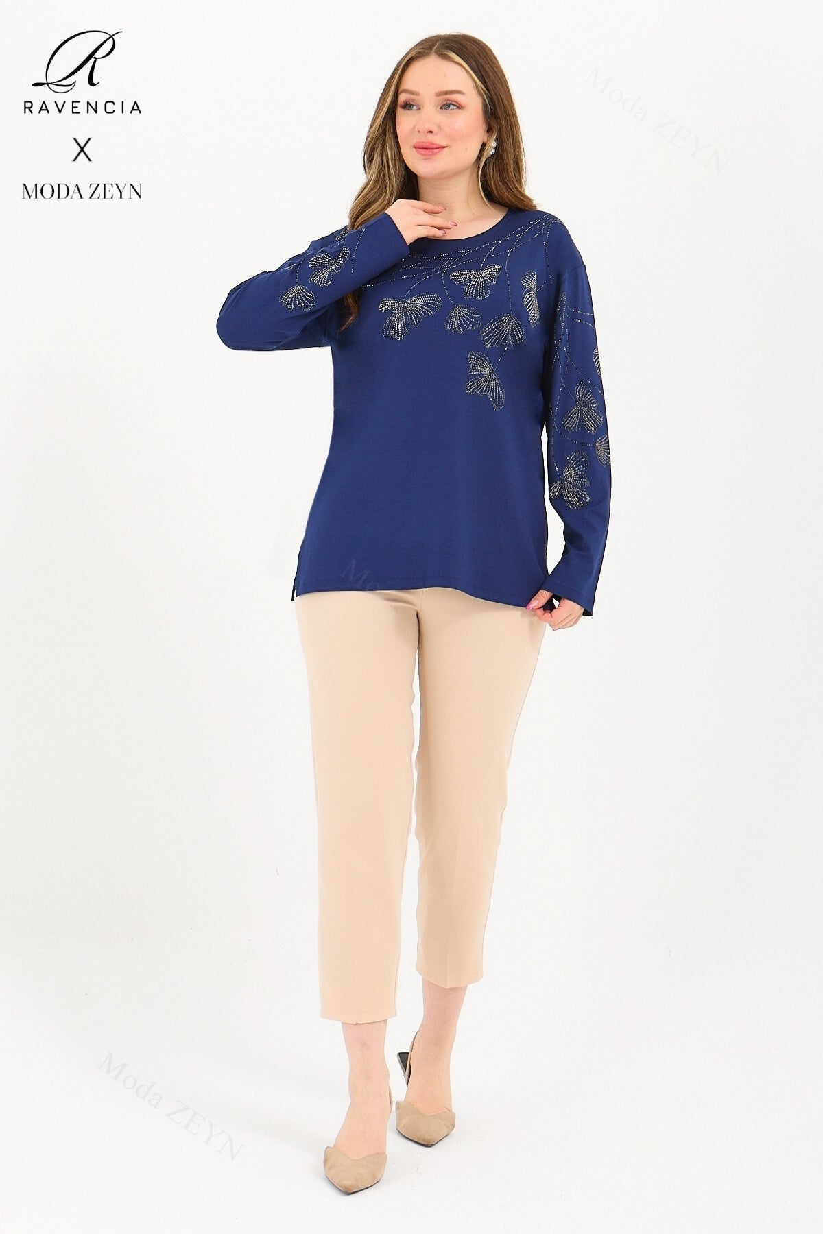 Kadın Orta Yaş Ve Üzeri Viskon Gonca Yaprak Desenli Taşlı Işlemeli Likralı Kiremit Anne Penye Bluz