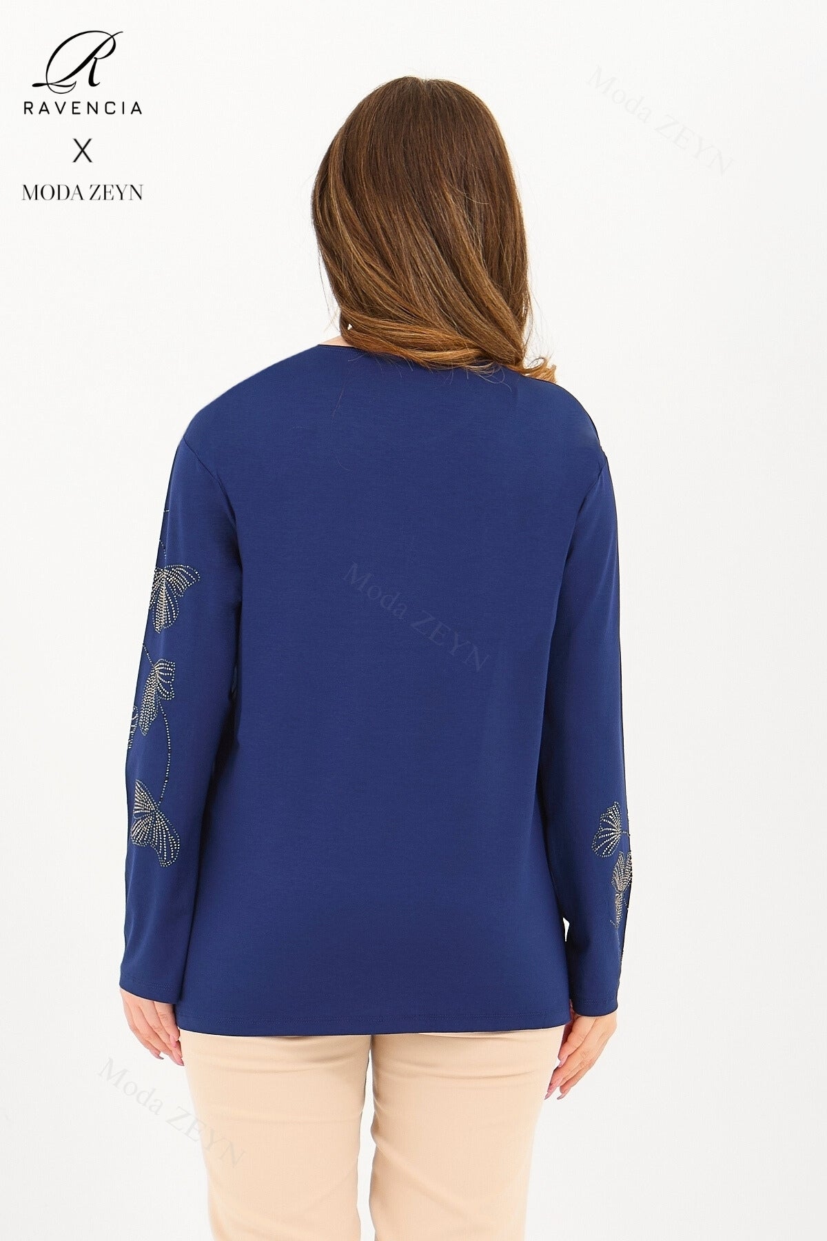 Kadın Orta Yaş Ve Üzeri Viskon Gonca Yaprak Desenli Taşlı Işlemeli Likralı Kiremit Anne Penye Bluz