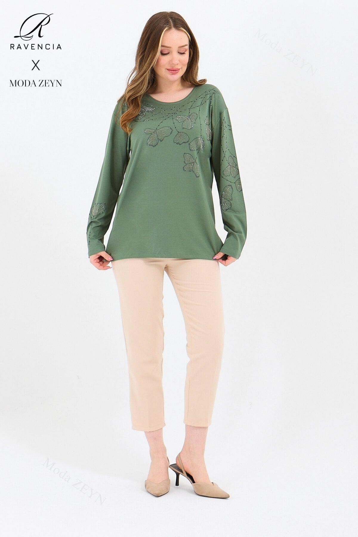 Kadın Orta Yaş Ve Üzeri Viskon Gonca Yaprak Desenli Taşlı Işlemeli Likralı Kiremit Anne Penye Bluz