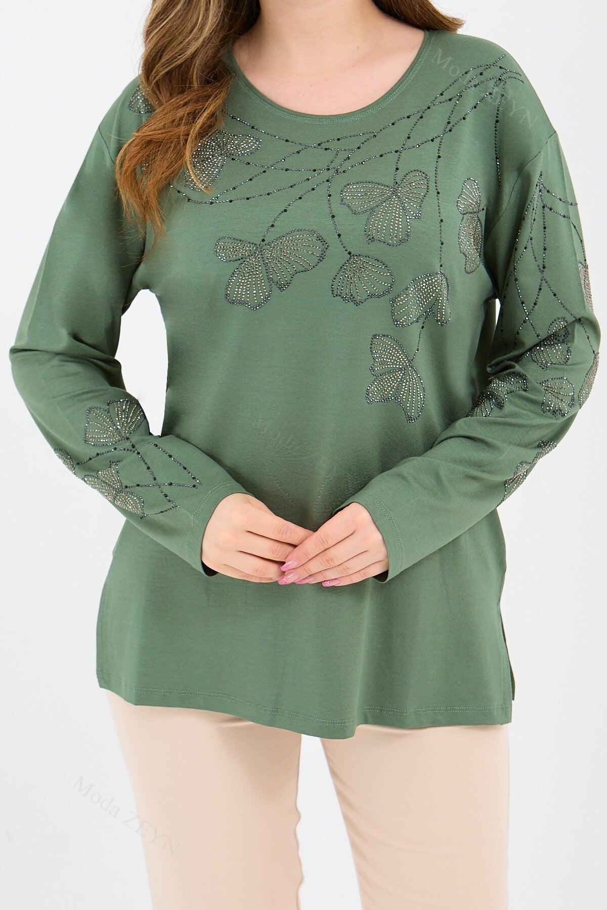 Kadın Orta Yaş Ve Üzeri Viskon Gonca Yaprak Desenli Taşlı Işlemeli Likralı Kiremit Anne Penye Bluz