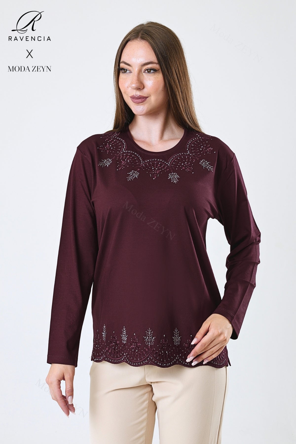 Kadın Orta Yaş Ve Üzeri Viskon Yaprak Desenli Eteği Yakası Taşlı Işlemeli Likralı Zümrüt Anne Penye