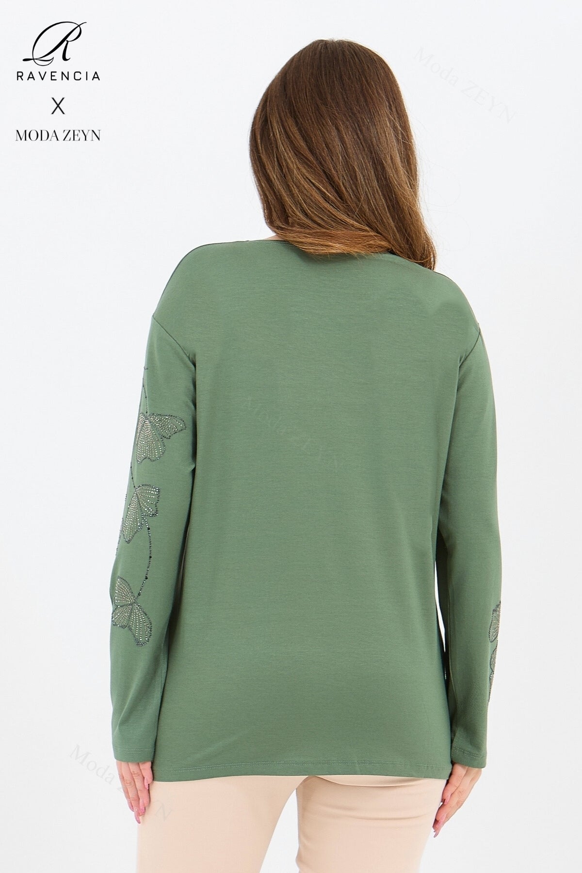 Kadın Orta Yaş Ve Üzeri Viskon Gonca Yaprak Desenli Taşlı Işlemeli Likralı Kiremit Anne Penye Bluz