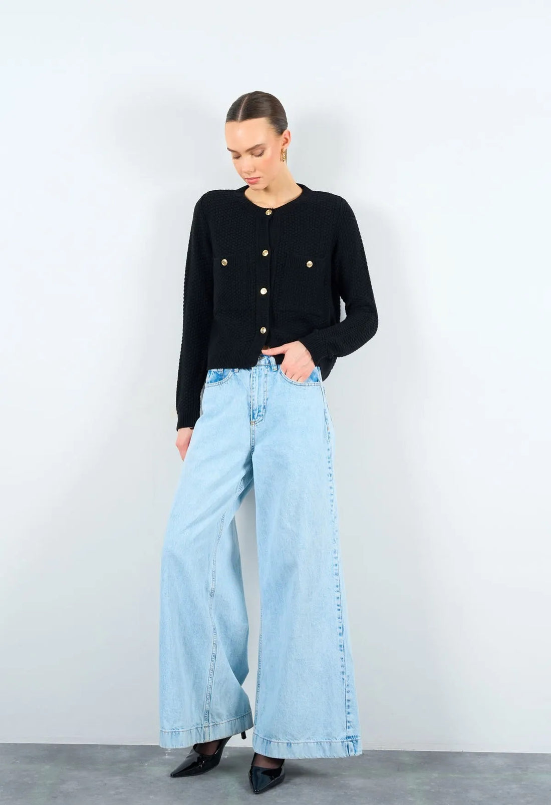 Kadın Bisiklet Yaka Dokulu Cepli Füme Hırka